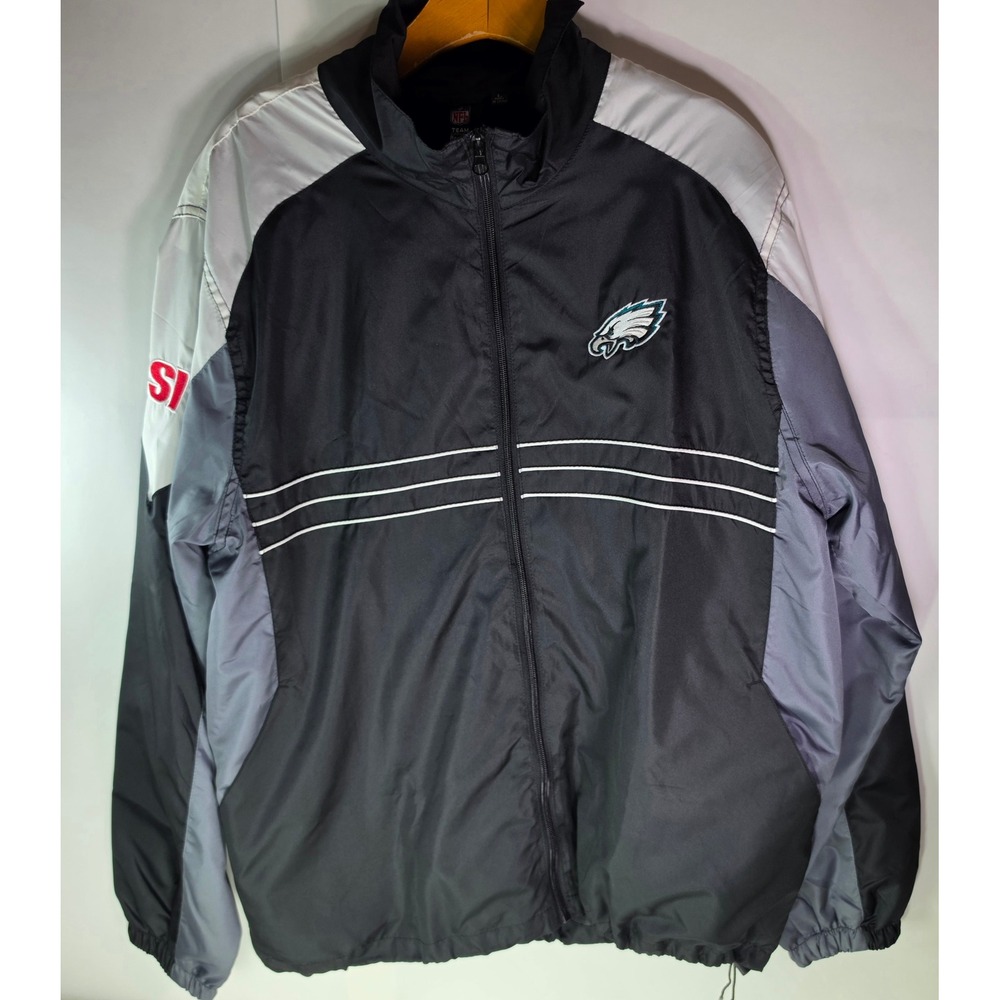 Philadelphia Eagles Reebok Windbreaker Jacket Full Zip Men Large Black Gray NFL